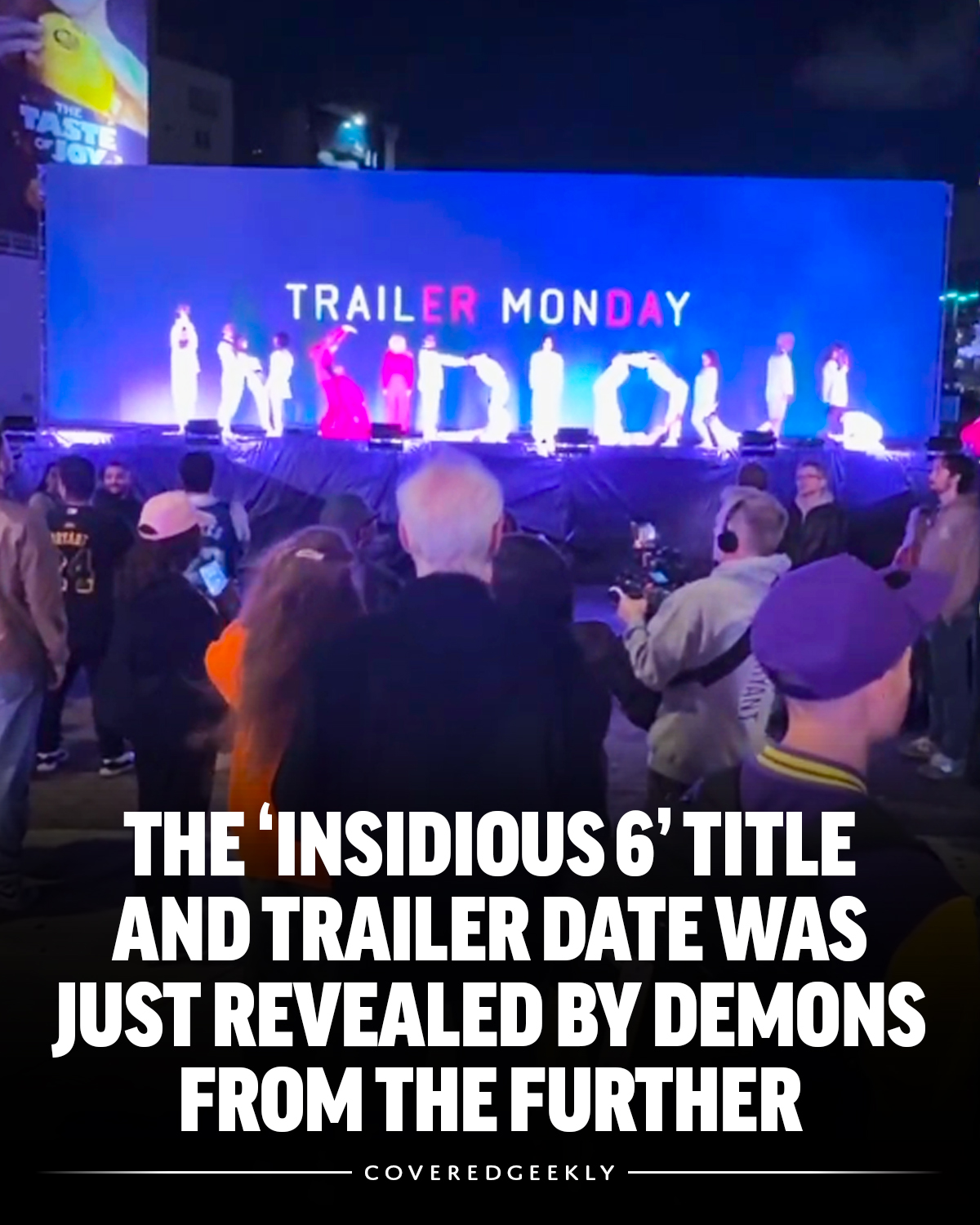 A CoveredGeekly Instagram carousel creative showing an Insidious 6 title and trailer date announcement at a live event.