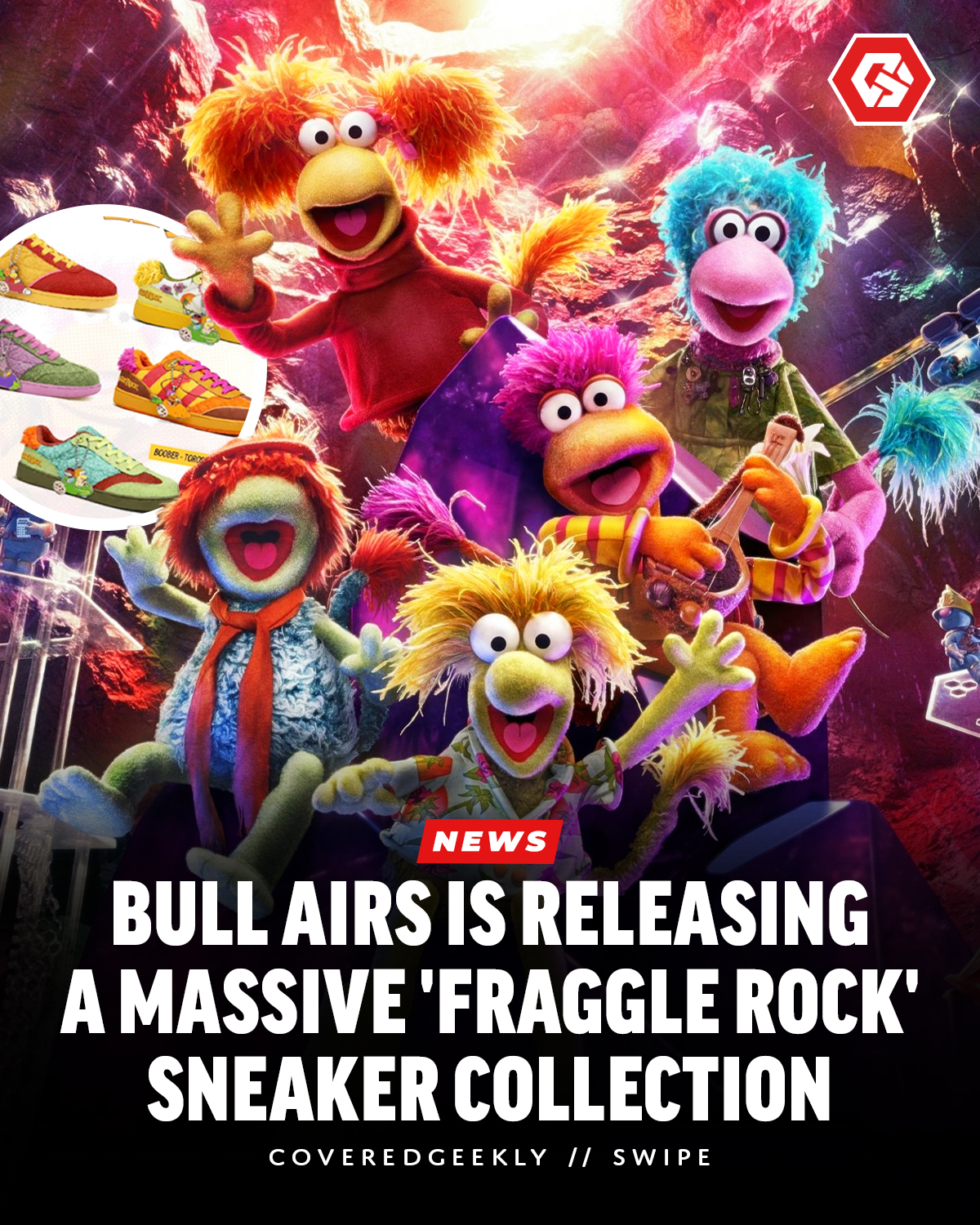 A CoveredGeekly carousel creative featuring colourful Fraggle Rock characters and a selection of themed sneakers.