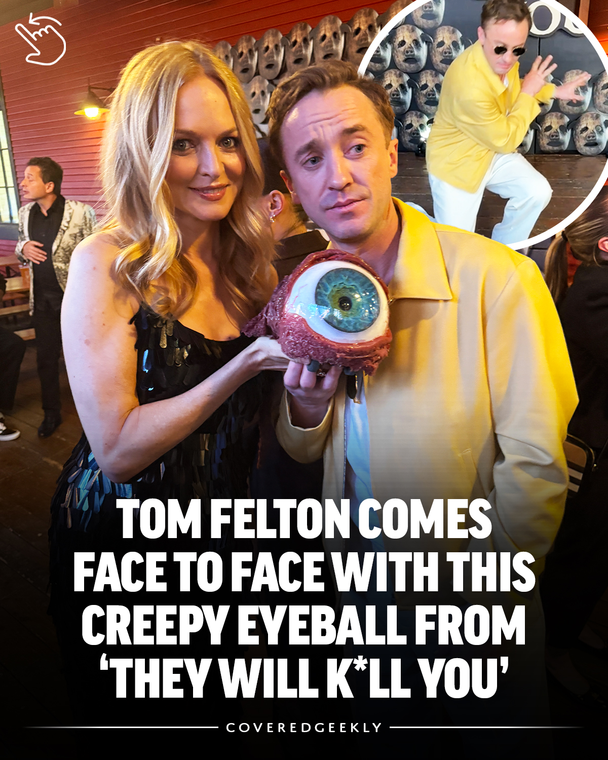 A CoveredGeekly carousel creative for They Will Kill You showing actors at an event holding a large eyeball prop.